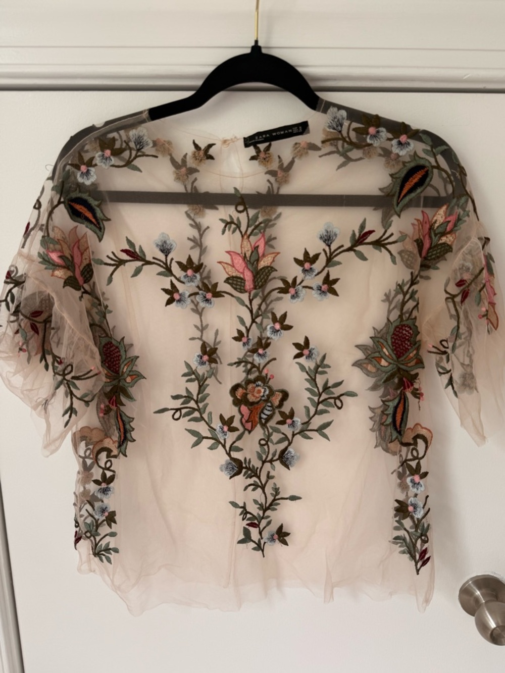 Zara Woman Embroidered Sheer Mesh Floral Top Nude Multi Size M - Picture 3 of 7